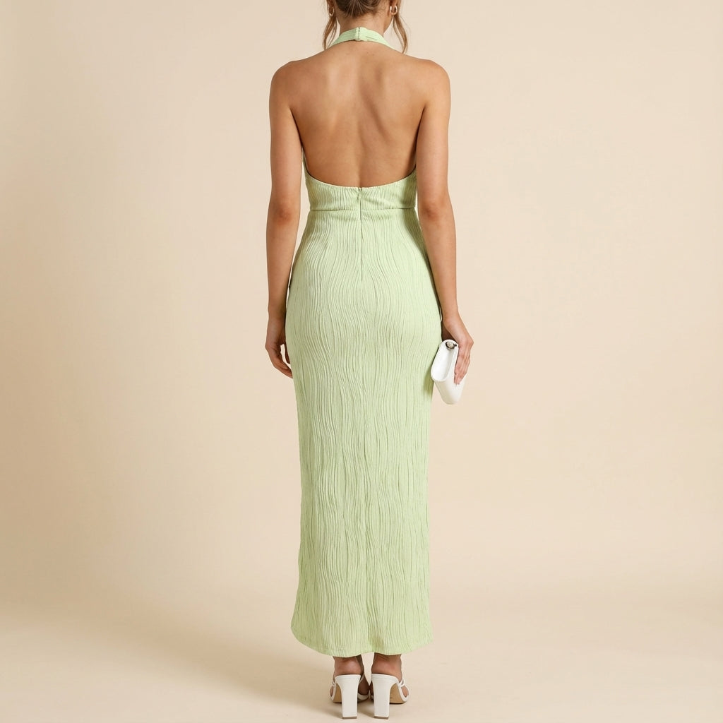 Vestido midi mujer cuello halter plisado bajo asimétrico | Uso urbano