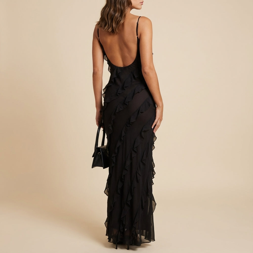 Vestido maxi mujer tirantes finos con volantes en capas | Eventos