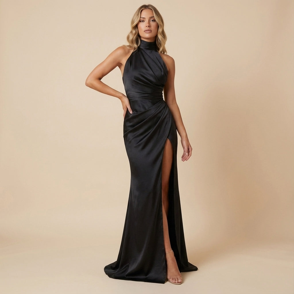 Vestido largo mujer cuello halter fruncido con abertura alta | Noche