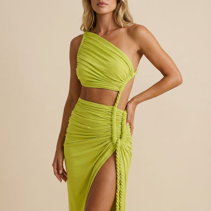 Vestido maxi mujer asimétrico fruncido un hombro | Eventos nocturnos