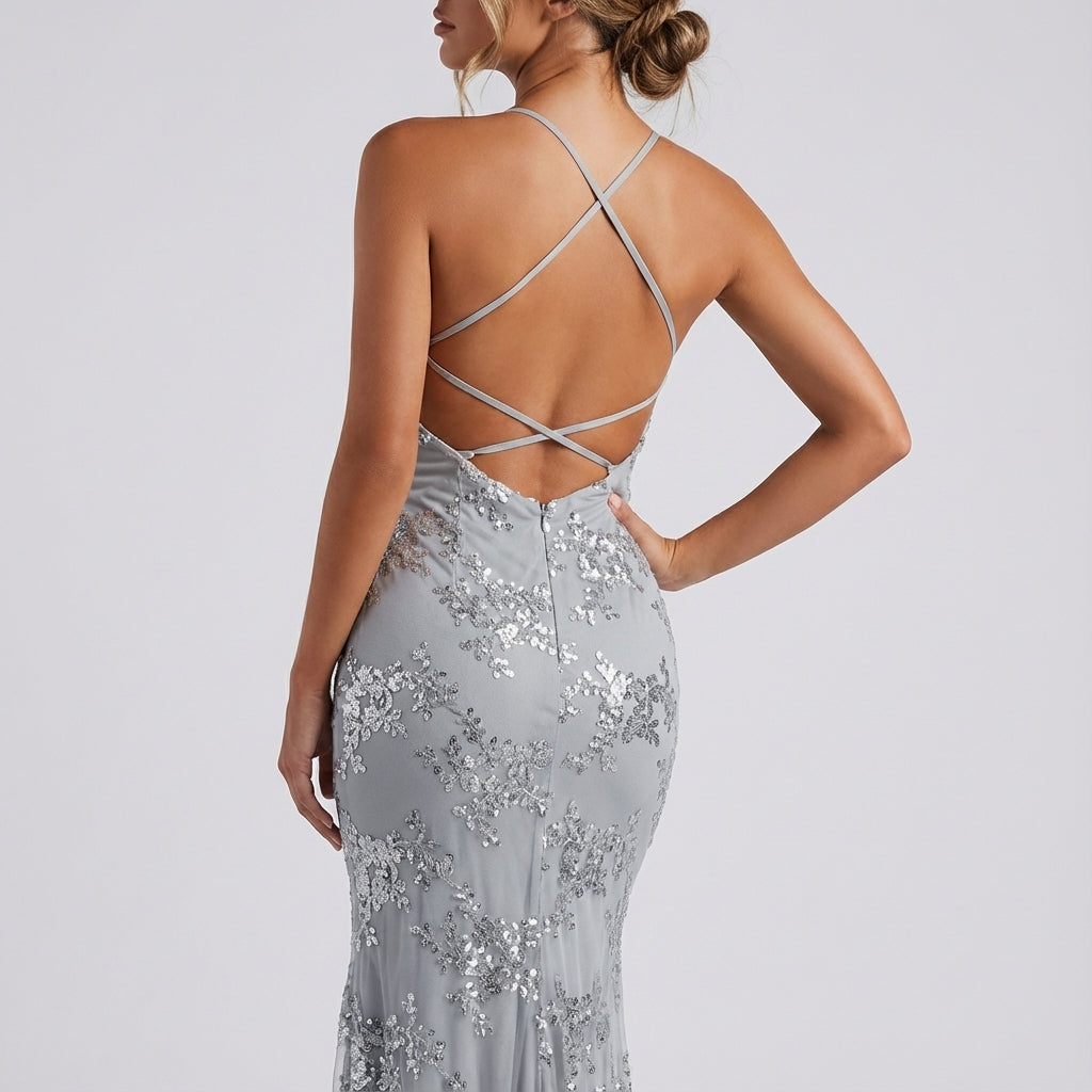 Vestido midi mujer con decoración de lentejuelas escote V | Ocasiones especiales