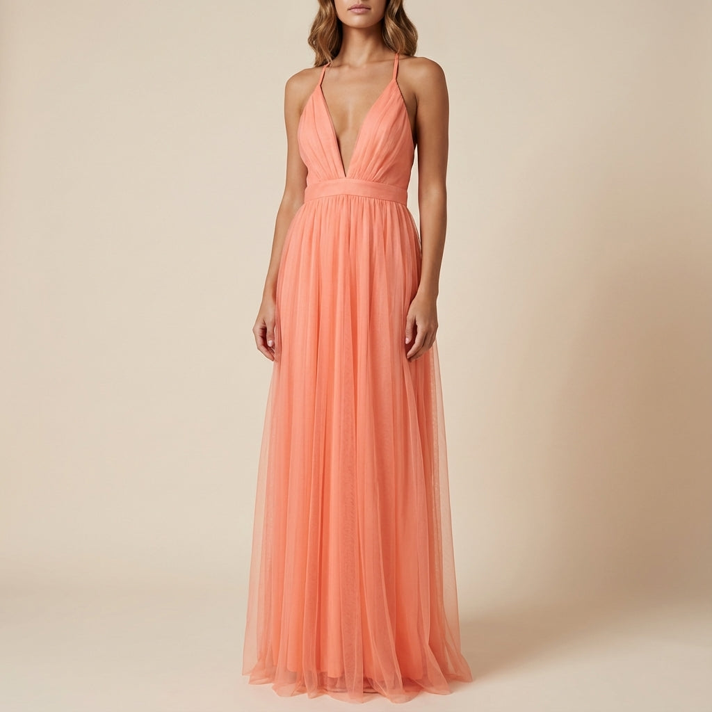 Vestido maxi mujer escote en V tirantes finos falda en capas | Fiesta