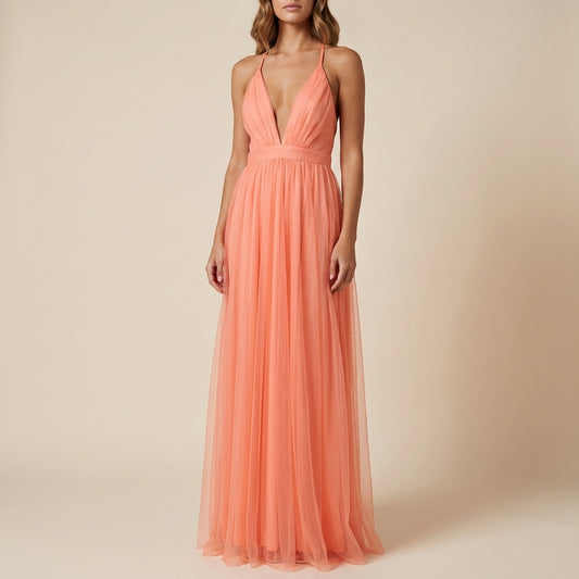 Vestido maxi mujer escote en V tirantes finos falda en capas | Fiesta