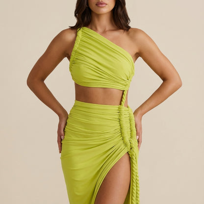 Vestido maxi mujer asimétrico fruncido un hombro | Eventos nocturnos