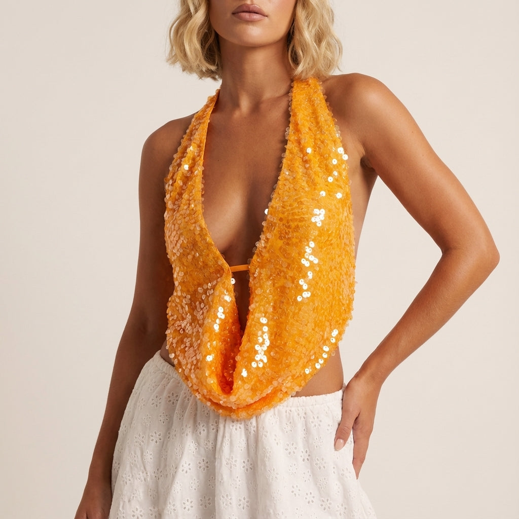 Top halter mujer con lentejuelas grandes espalda descubierta | Ocasiones sociales