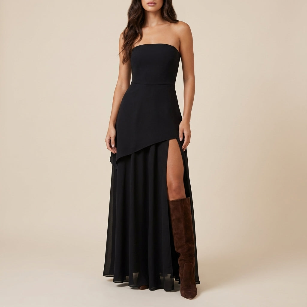 Vestido maxi mujer sin tirantes con abertura alta | Eventos nocturnos