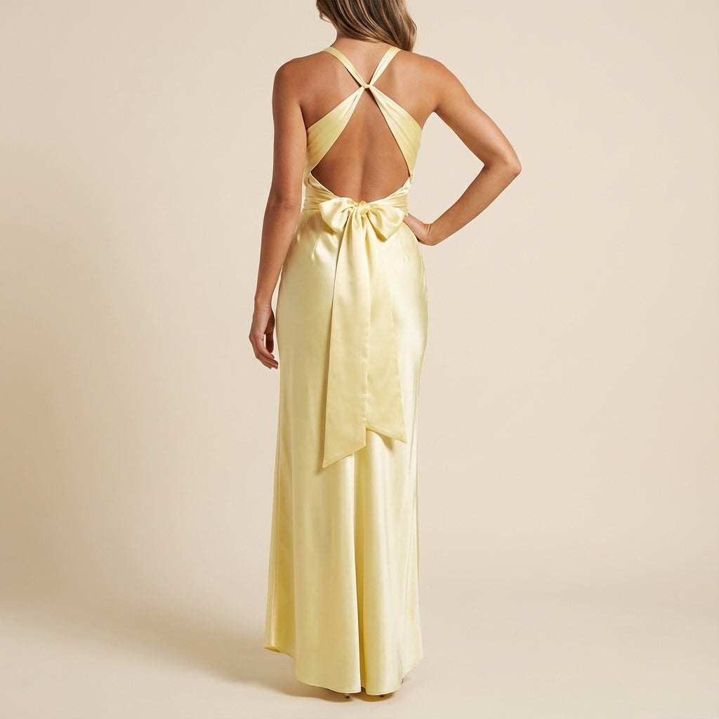 Vestido maxi mujer sin mangas escote en V fruncido central | Eventos