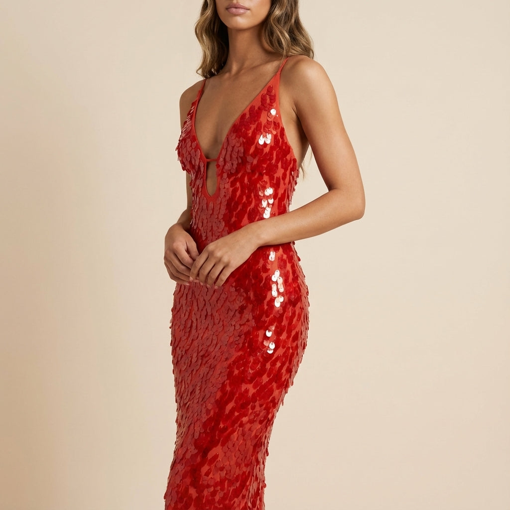 Vestido largo mujer con lentejuelas escote en V abertura central | Noche