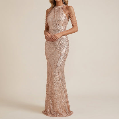 Vestido largo mujer cuello halter acabado brillante tiras en hombros | Noche