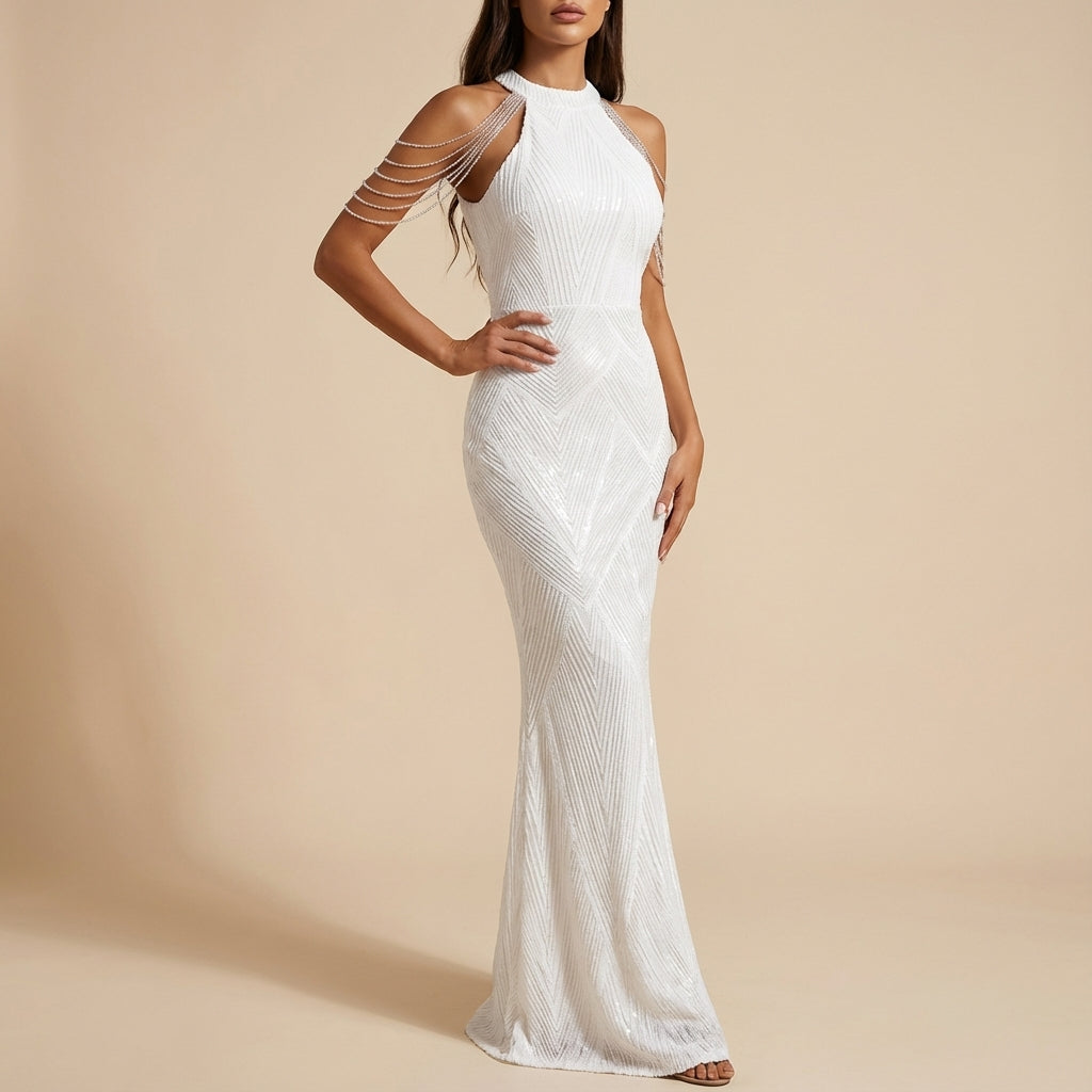 Vestido largo mujer cuello halter acabado brillante tiras en hombros | Noche