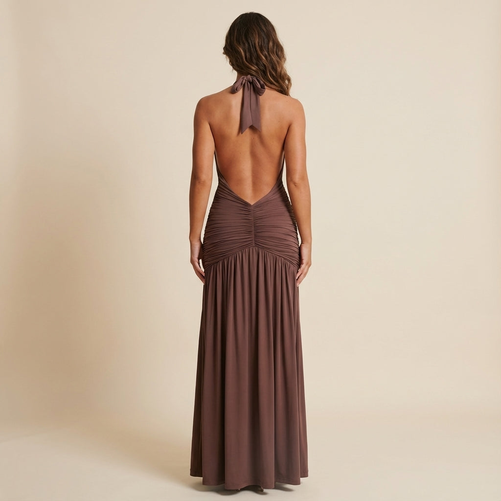 Vestido halter largo mujer marrón cintura fruncida | Otoño
