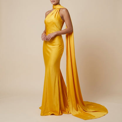Vestido largo mujer sirena capa asimétrica un hombro | Eventos formales