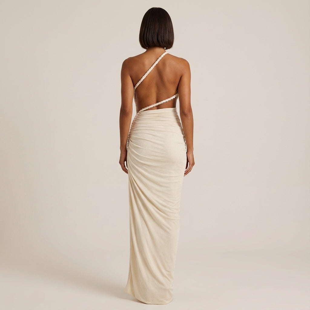 Vestido maxi mujer asimétrico fruncido un hombro | Eventos nocturnos