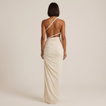 Vestido maxi mujer asimétrico fruncido un hombro | Eventos nocturnos