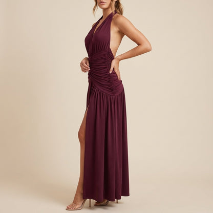 Vestido halter largo mujer marrón cintura fruncida | Otoño