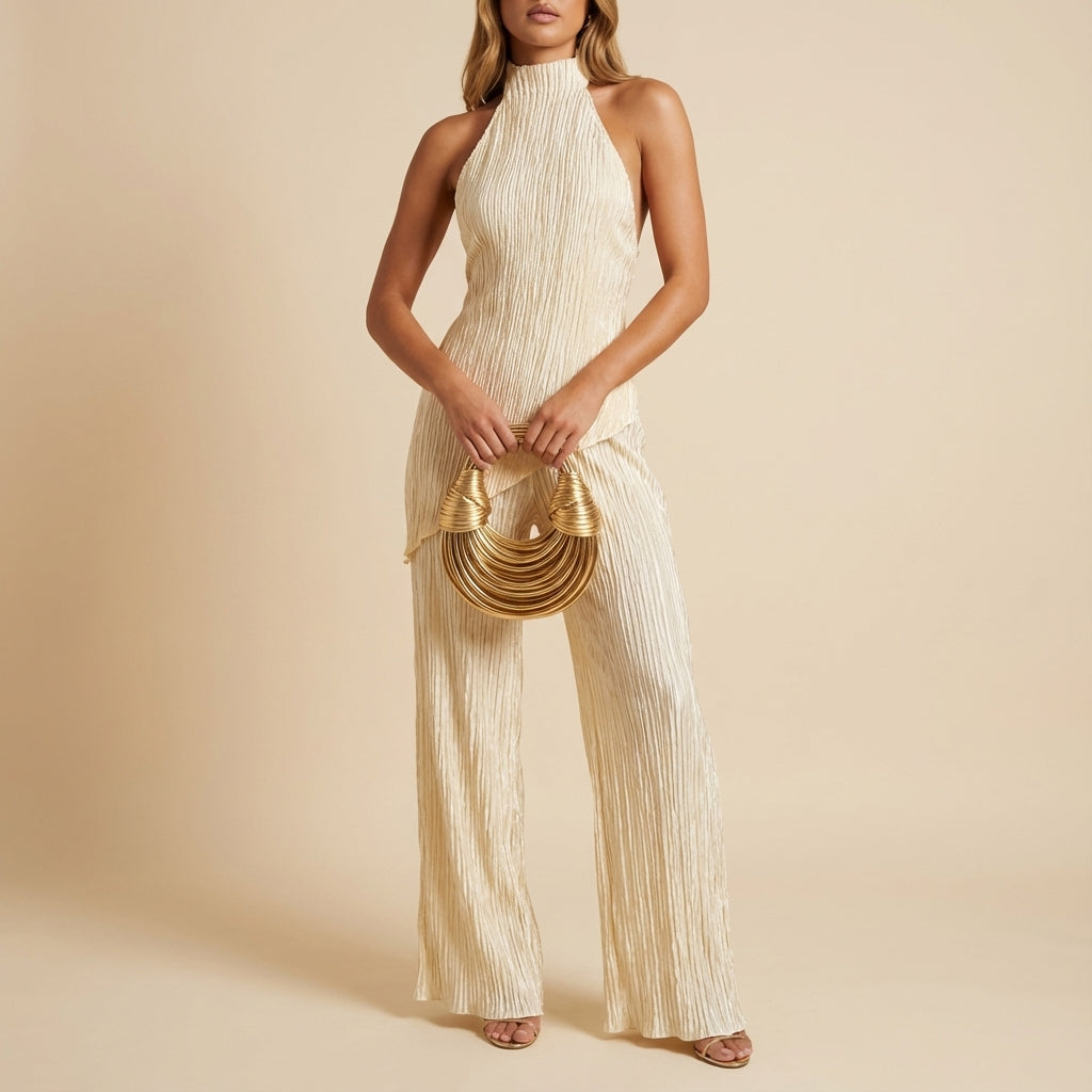 Conjunto dos piezas mujer top halter plisado pantalón ancho | Eventos