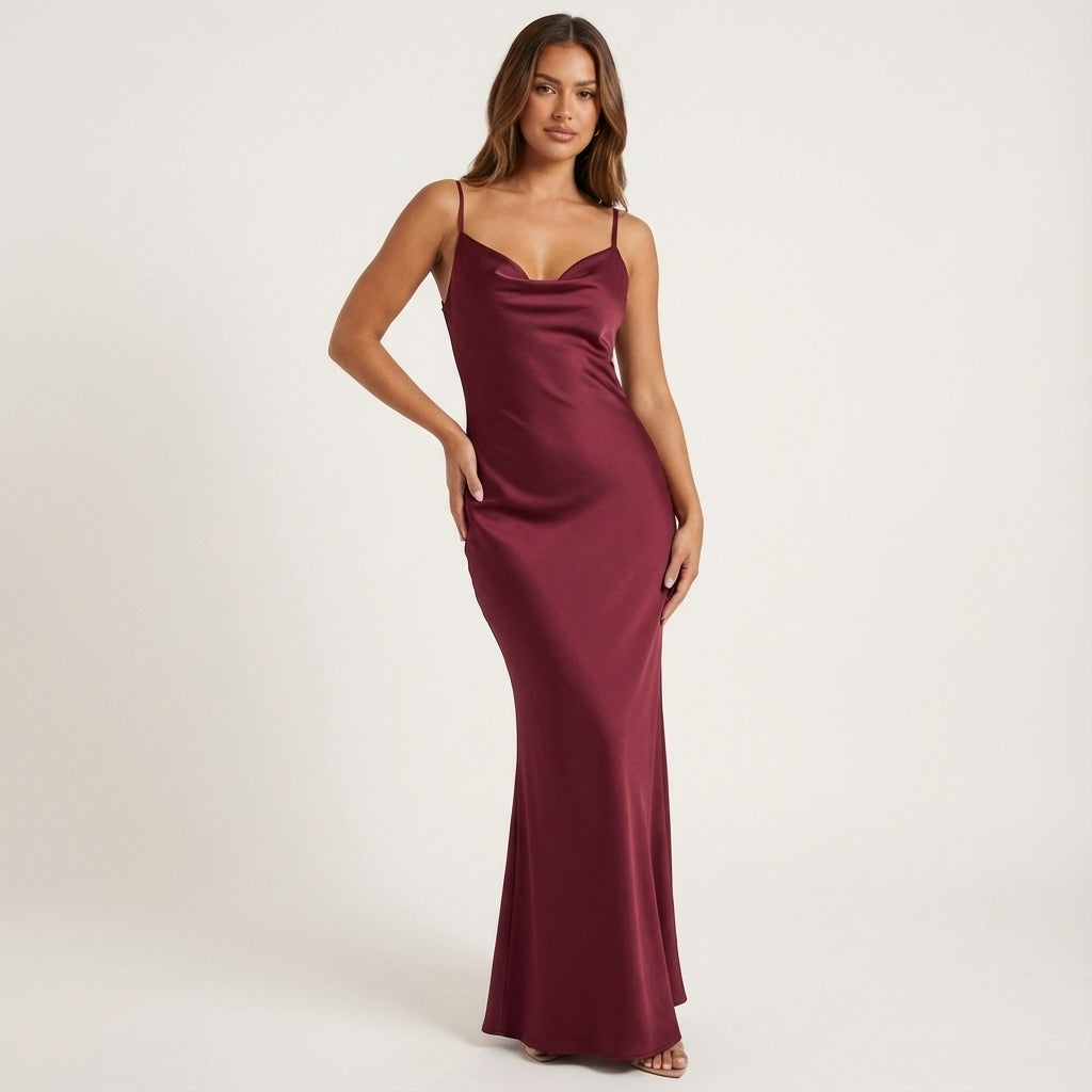 Vestido maxi mujer tirantes finos espalda descubierta escote drapeado | Eventos