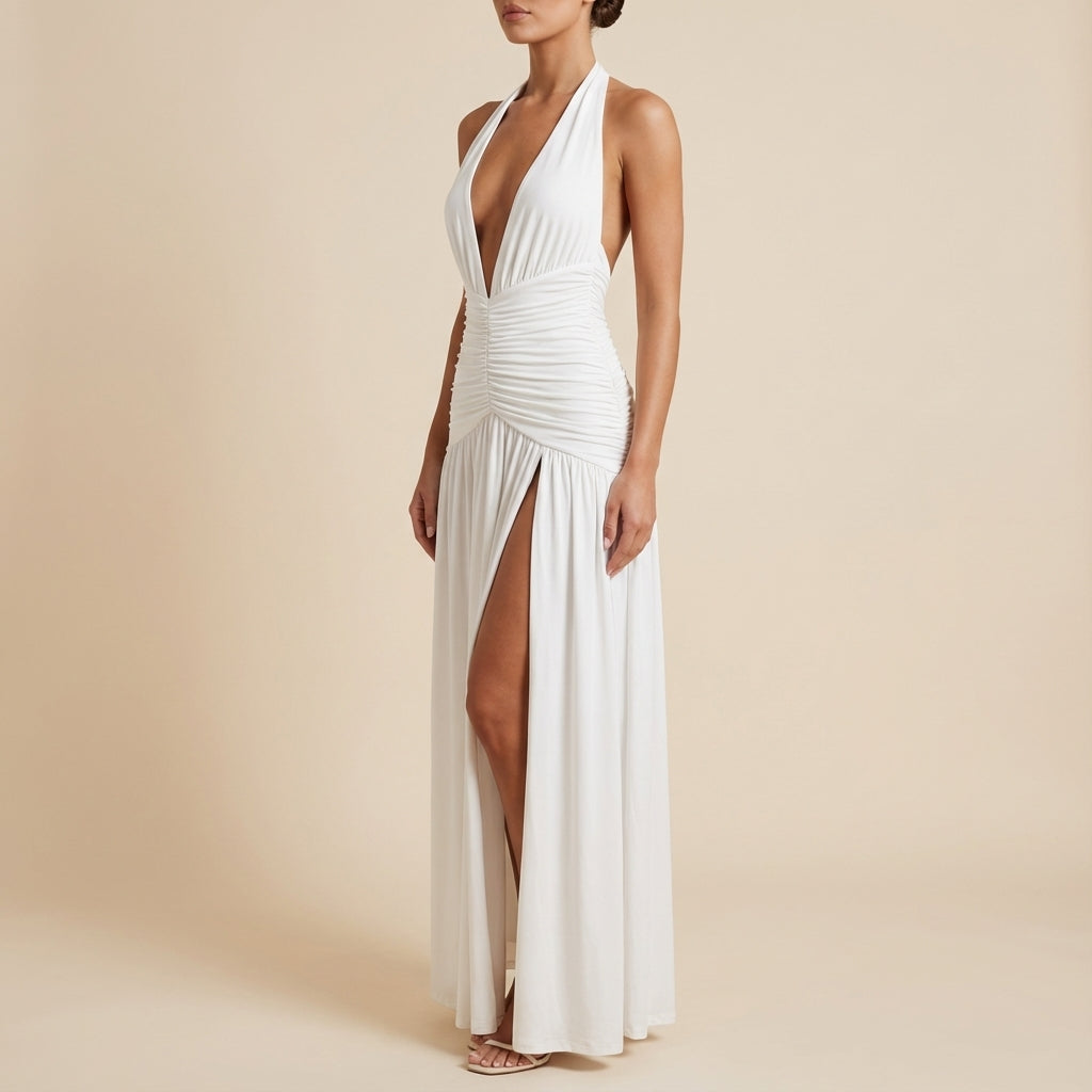 Vestido halter largo mujer marrón cintura fruncida | Otoño