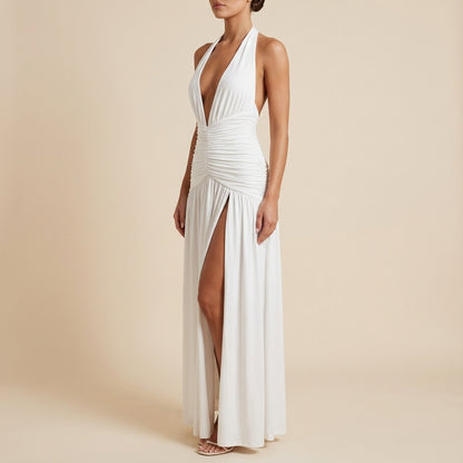 Vestido halter largo mujer marrón cintura fruncida | Otoño