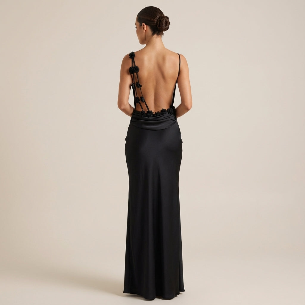 Vestido maxi mujer tirantes finos espalda descubierta escote drapeado | Eventos