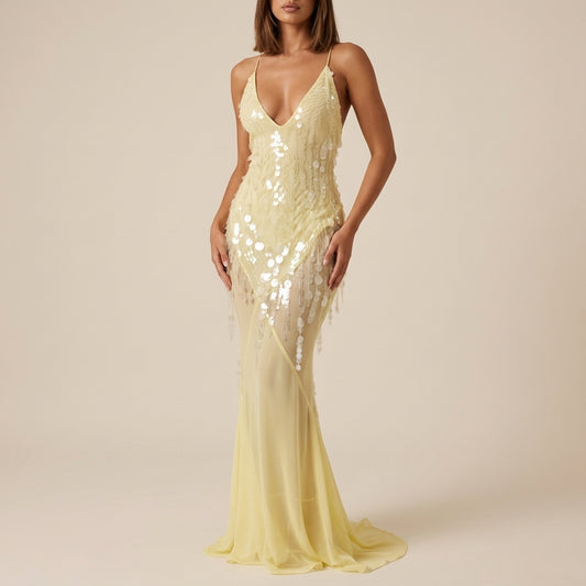 Vestido maxi mujer sin mangas escote en V acabado brillante | Eventos