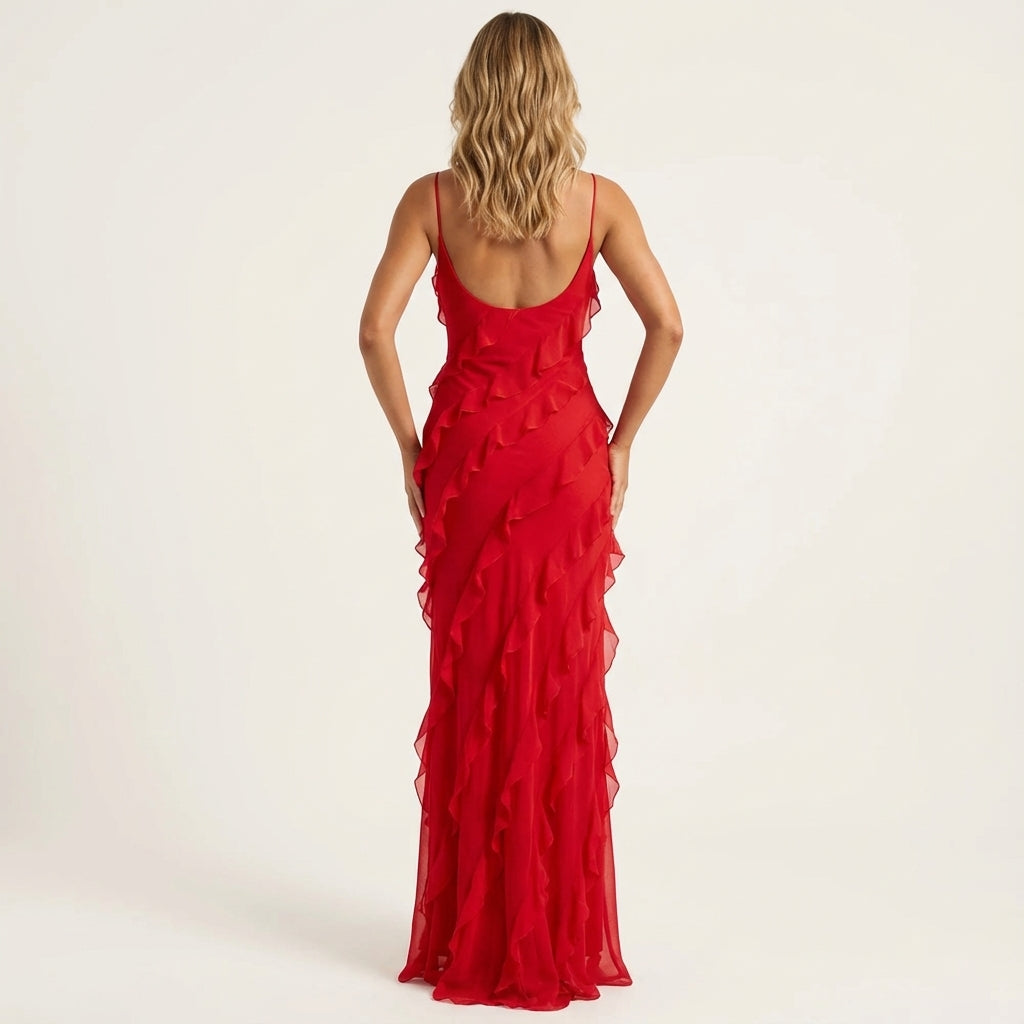 Vestido maxi mujer tirantes finos con volantes en capas | Eventos