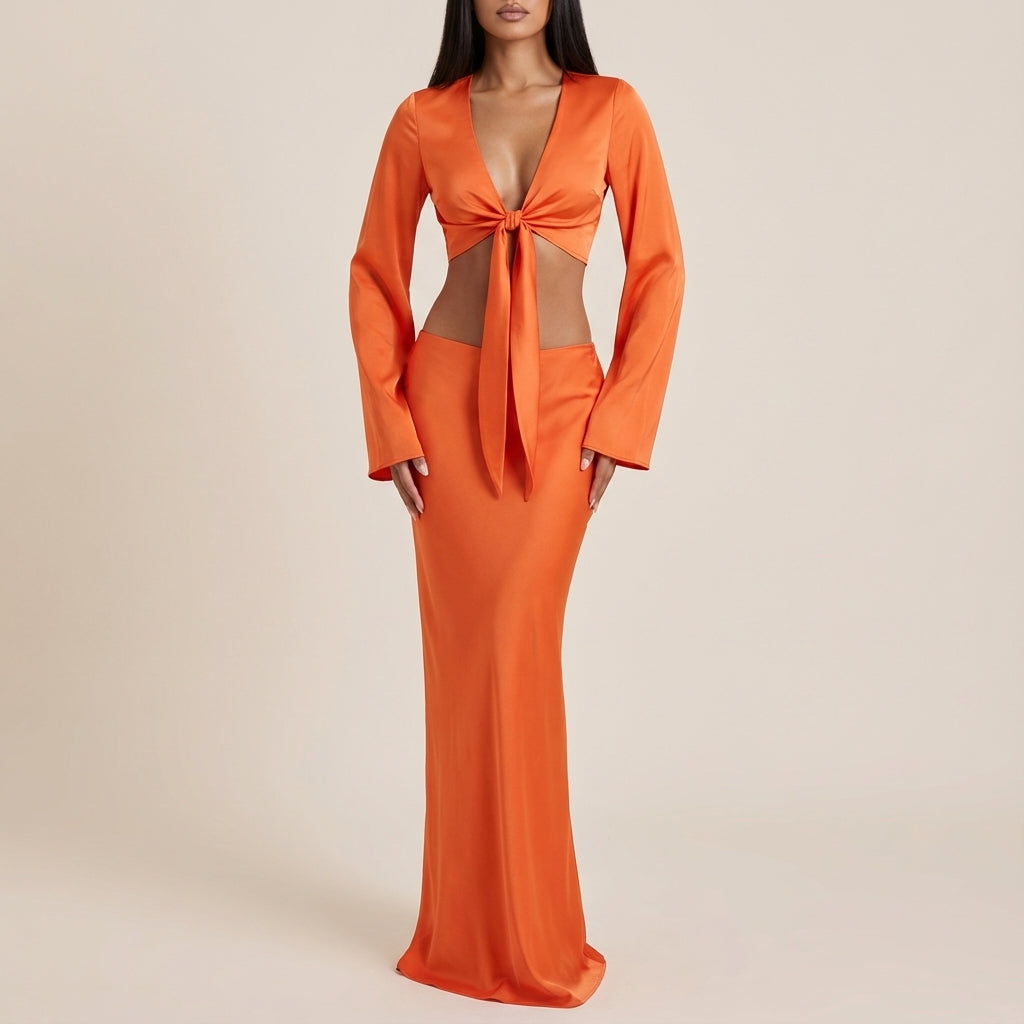 Conjunto dos piezas mujer top anudado falda maxi | Salidas nocturnas