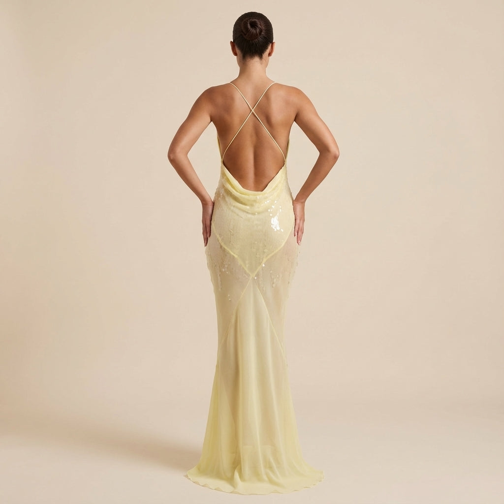 Vestido maxi mujer sin mangas escote en V acabado brillante | Eventos