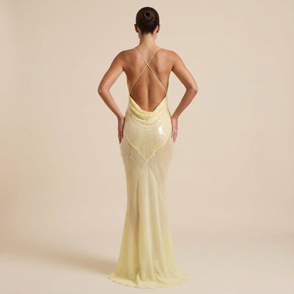 Vestido maxi mujer sin mangas escote en V acabado brillante | Eventos