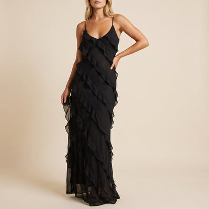 Vestido maxi mujer tirantes finos con volantes en capas | Eventos