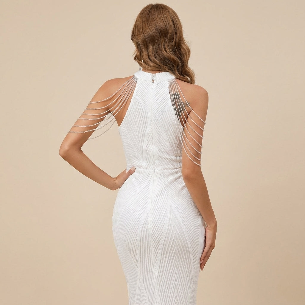 Vestido largo mujer cuello halter acabado brillante tiras en hombros | Noche