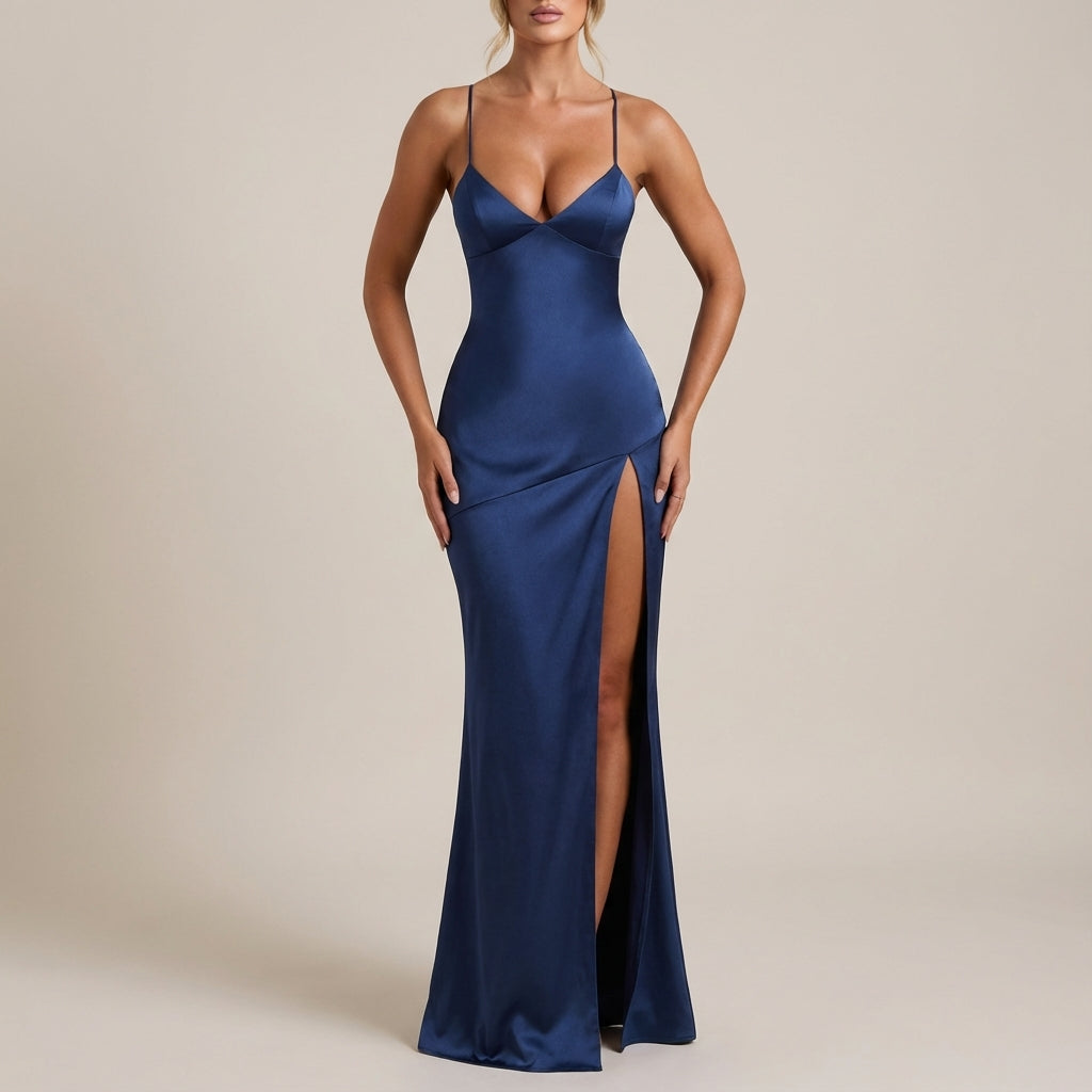 Vestido maxi mujer escote en V tirantes finos con abertura lateral | Eventos