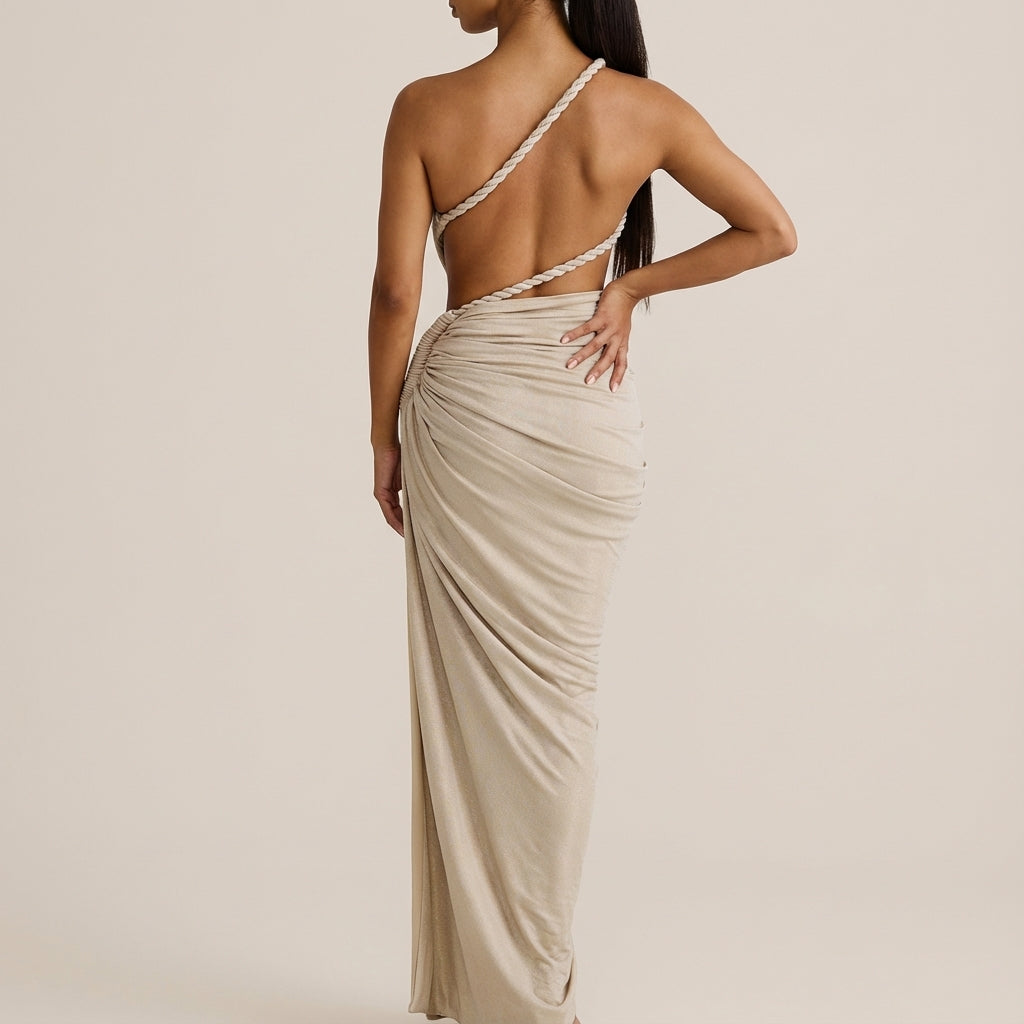 Vestido maxi mujer asimétrico fruncido un hombro | Eventos nocturnos