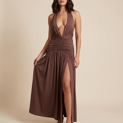 Vestido halter largo mujer marrón cintura fruncida | Otoño