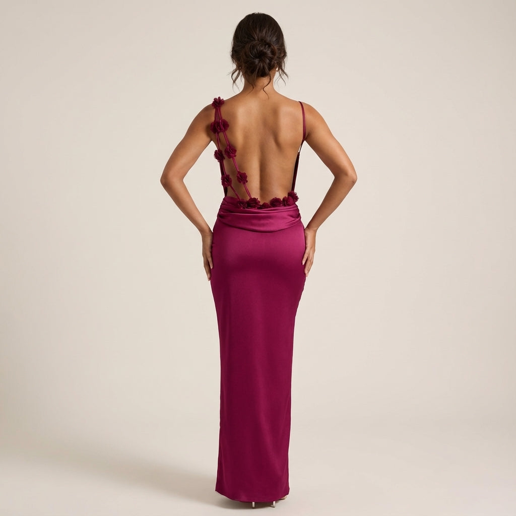 Vestido maxi mujer tirantes finos espalda descubierta escote drapeado | Eventos