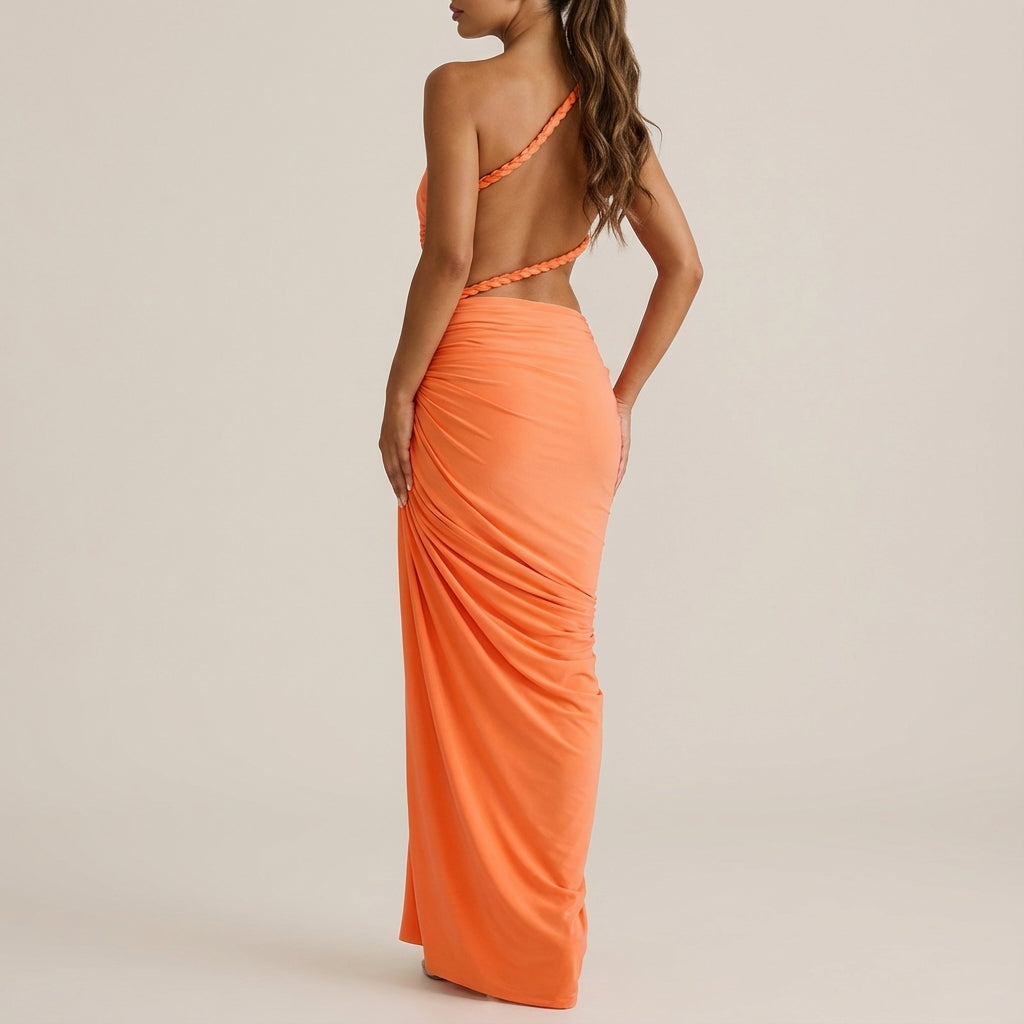 Vestido maxi mujer asimétrico fruncido un hombro | Eventos nocturnos