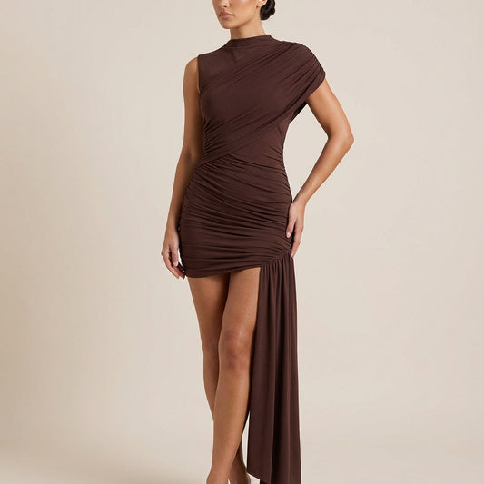 Vestido midi mujer asimétrico entallado marrón | Estilo urbano diario