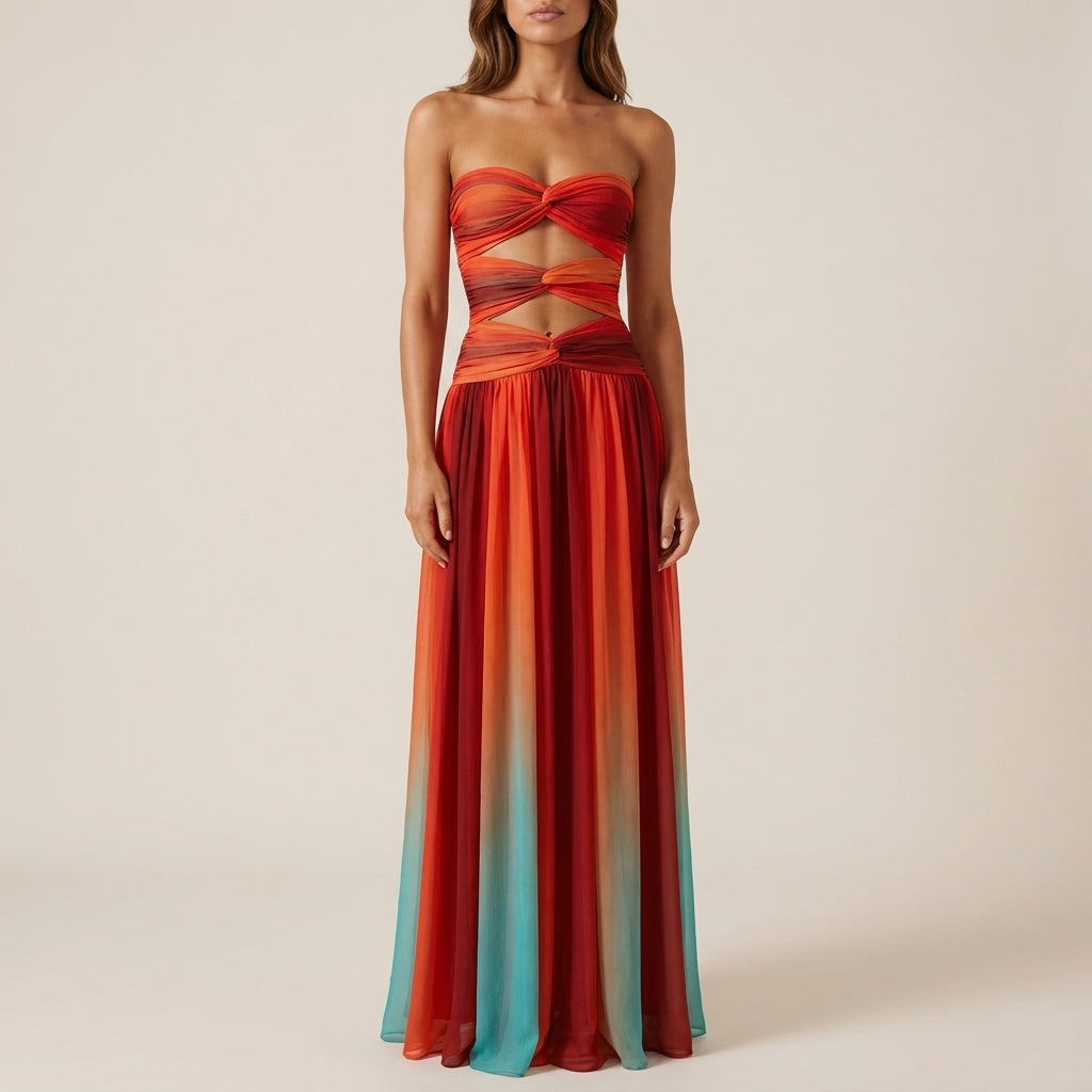 Vestido maxi mujer sin tirantes fruncido | Verano