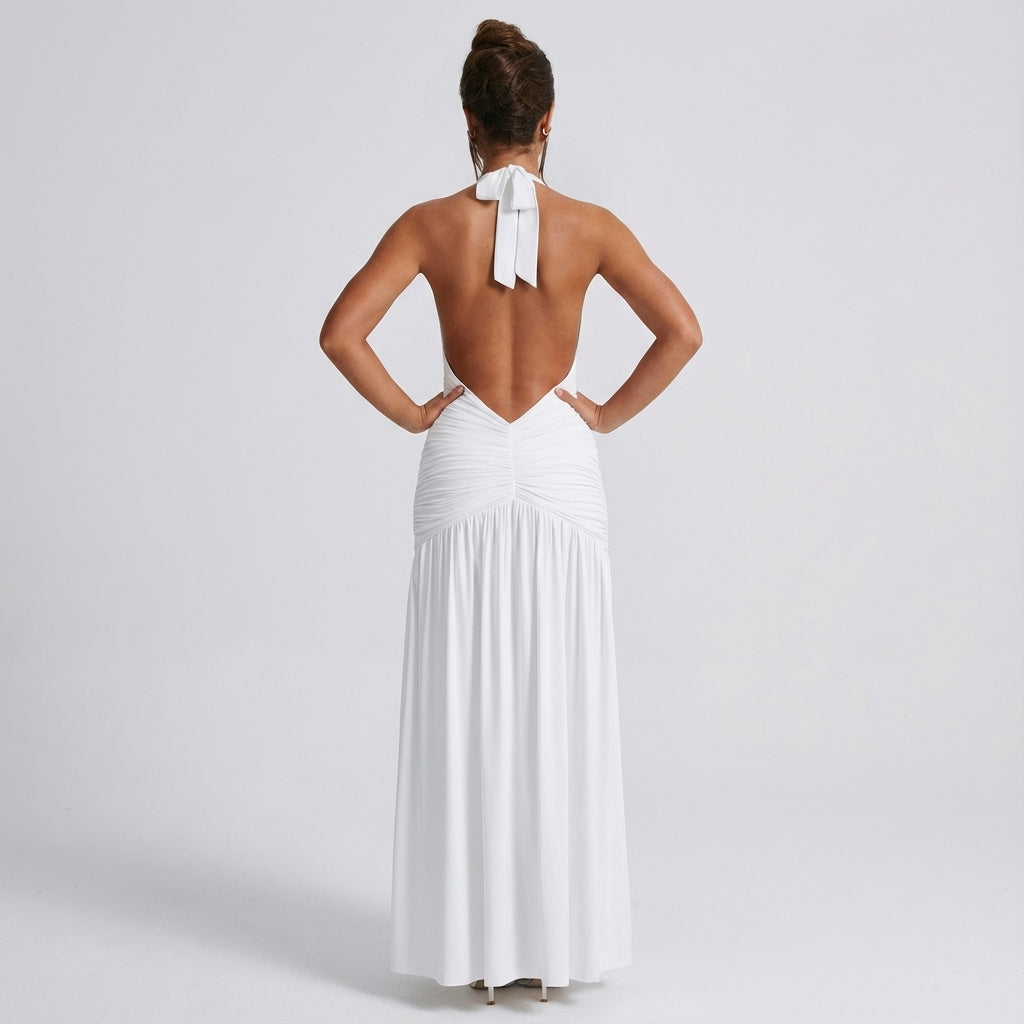 Vestido halter largo mujer marrón cintura fruncida | Otoño