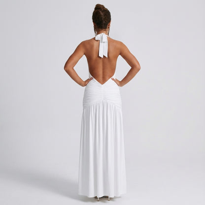 Vestido halter largo mujer marrón cintura fruncida | Otoño