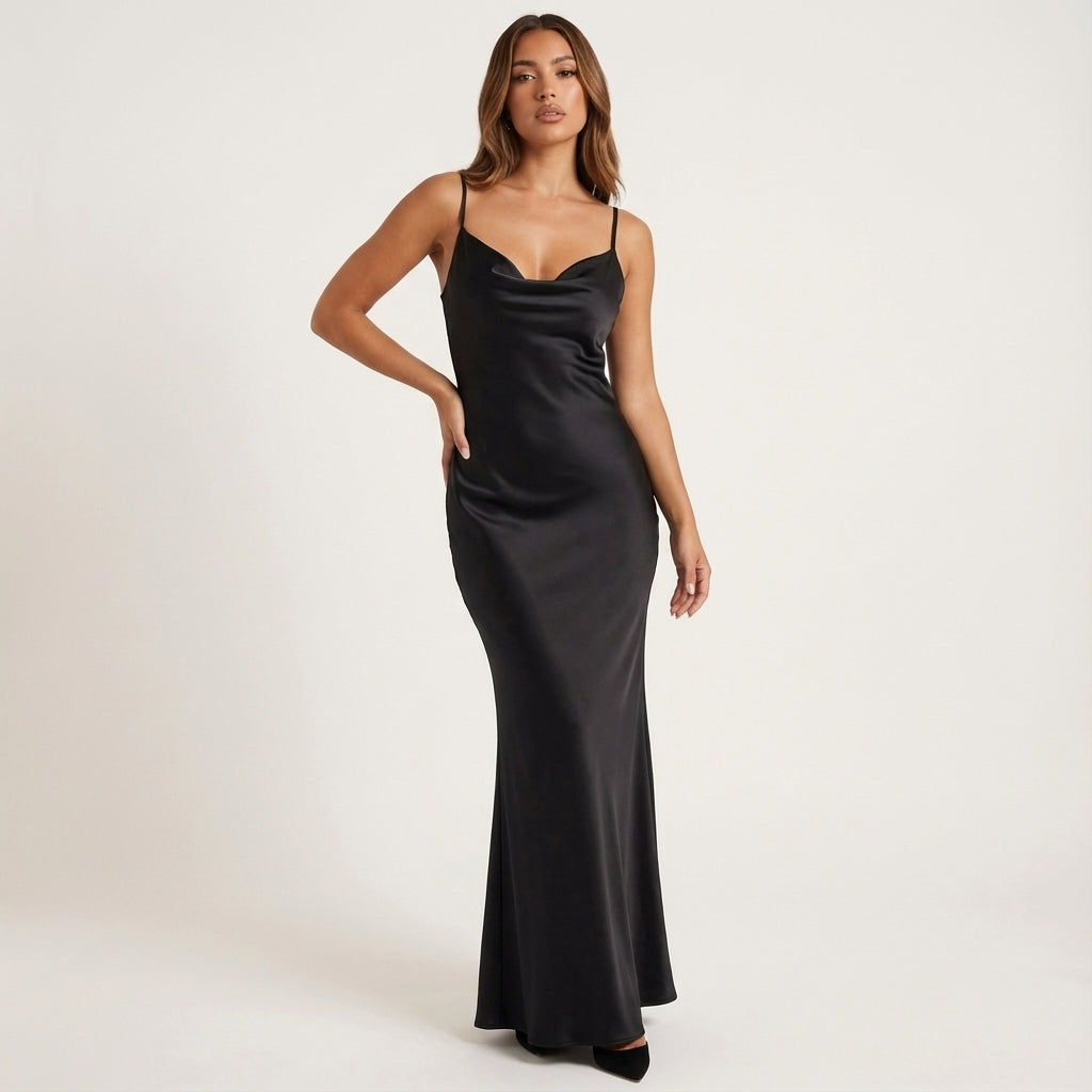 Vestido maxi mujer tirantes finos espalda descubierta escote drapeado | Eventos