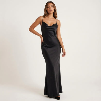 Vestido maxi mujer tirantes finos espalda descubierta escote drapeado | Eventos