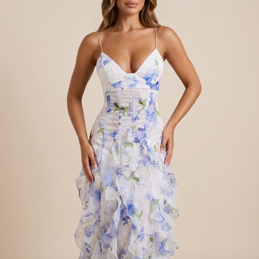 Vestido maxi mujer estampado floral tirantes finos falda con volantes | Verano
