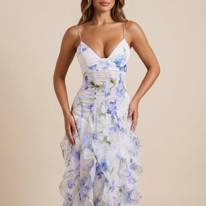 Vestido maxi mujer estampado floral tirantes finos falda con volantes | Verano