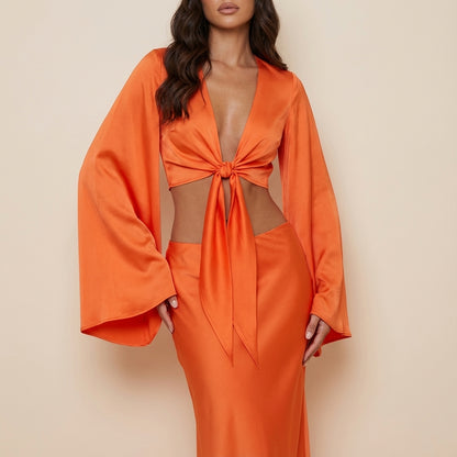 Conjunto dos piezas mujer top anudado falda maxi | Salidas nocturnas