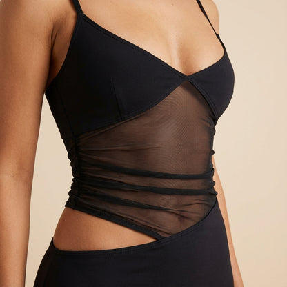 Vestido largo mujer negro con paneles transparentes | Noche