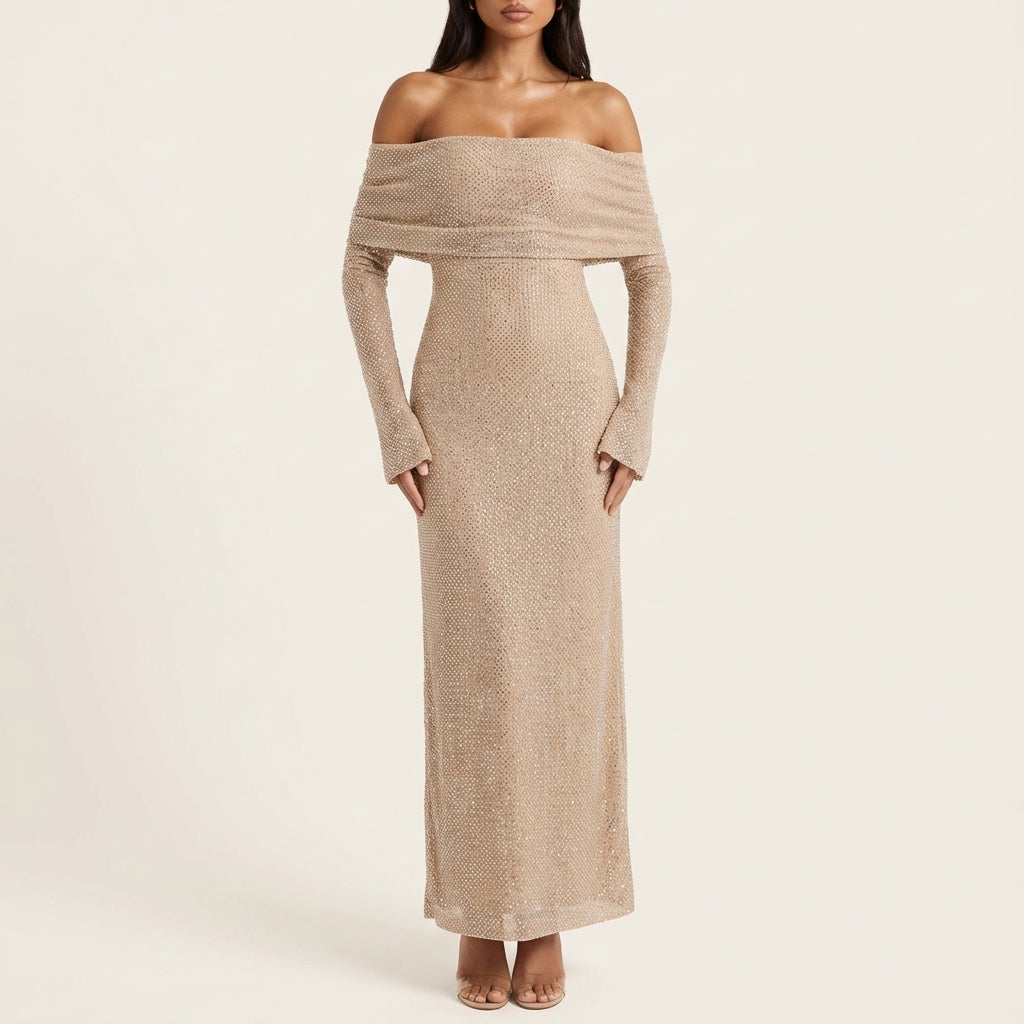 Vestido maxi mujer sin hombros mangas largas ajustado | Eventos nocturnos