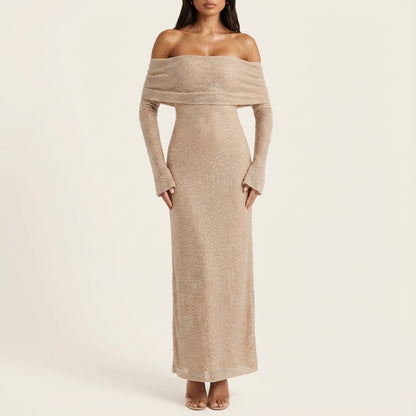 Vestido maxi mujer sin hombros mangas largas ajustado | Eventos nocturnos