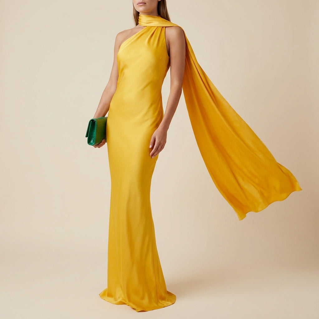 Vestido largo mujer sirena capa asimétrica un hombro | Eventos formales