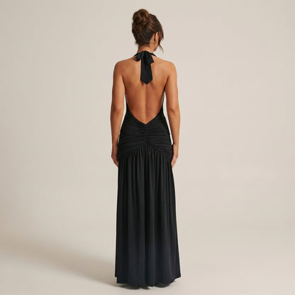 Vestido halter largo mujer marrón cintura fruncida | Otoño